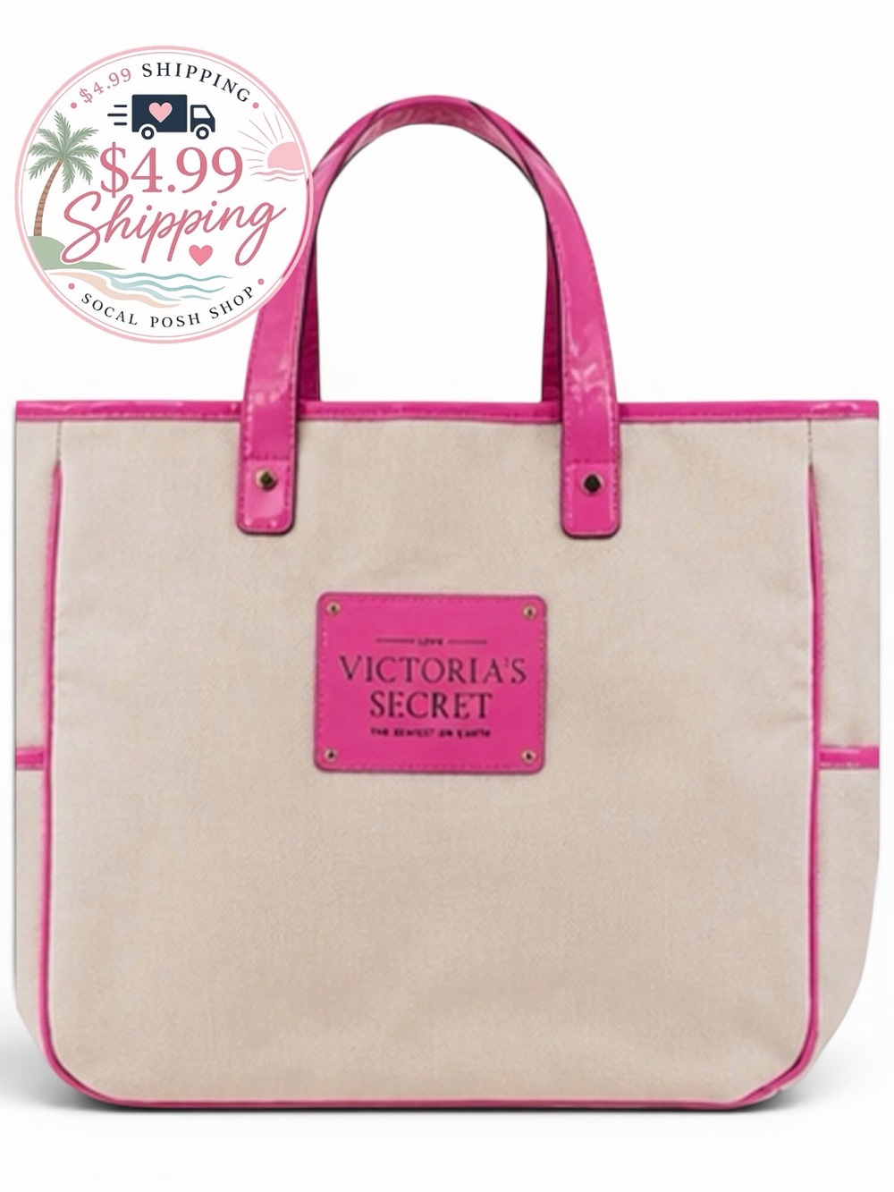 Victoria's Secret Vintage "The Sexiest On Earth" Tan Hot Pink Canvas Beach Tote